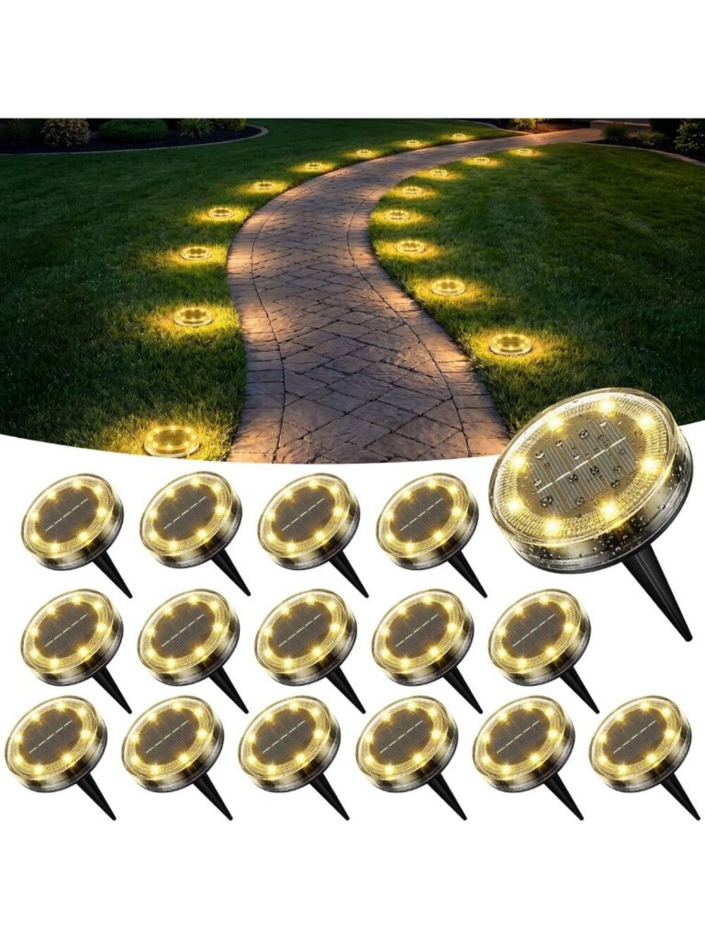 16-Pack Solar Ground Lights - Outdoor Anti-Rust Disk Lights, Warm White Glow